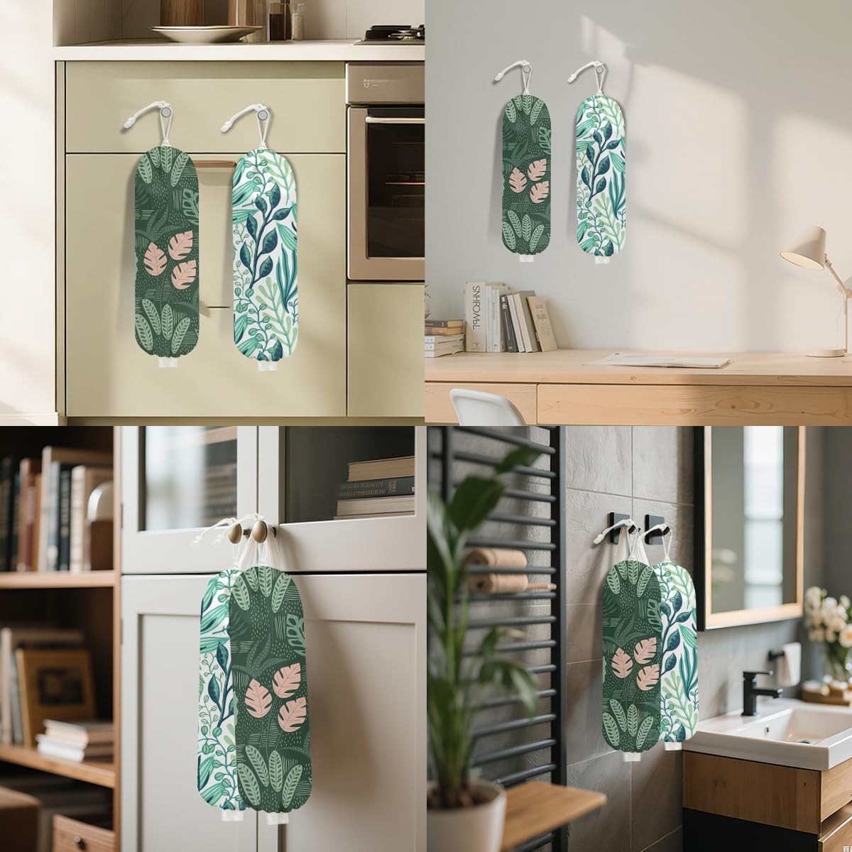 2Pcs Tropical Green Leaves Plastic Bag Holder 22.5x9 Inch, Wall Mount Grocery Bag Holder for Plastic Bags, Nature Greenery Reusable Grocery Bags Storage Dispenser for Home Kitchen Decor