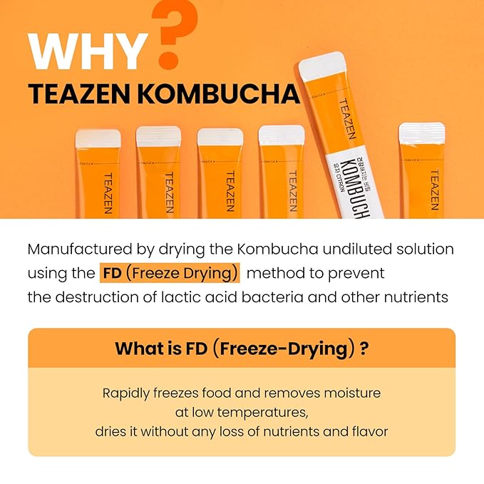 TEAZEN Citron Kombucha Tea, Hydration Drink Mix, Sugar Free, Live Probiotics & Prebiotics, 30 Sticks, 5.29oz