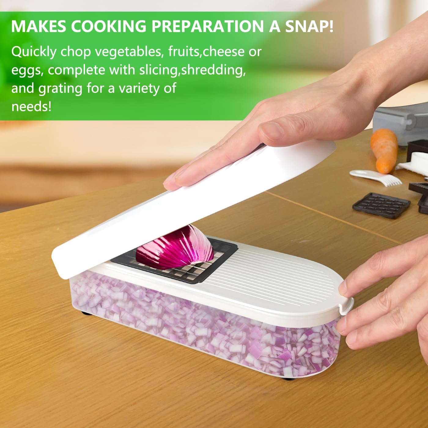 LHS Multifunctional Food Chopper - 10 in 1 Veggie Slicer, Dicer, Cutter for Onions, Potatoes, and More - White Container Included