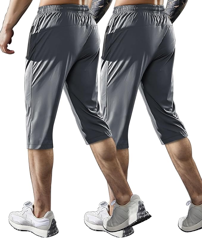 Men's Capri Pants 3/4 Joggers Gym/Workout/Hiking Below Knee Long Shorts Lightweight Quick Dry with Zipper Pockets