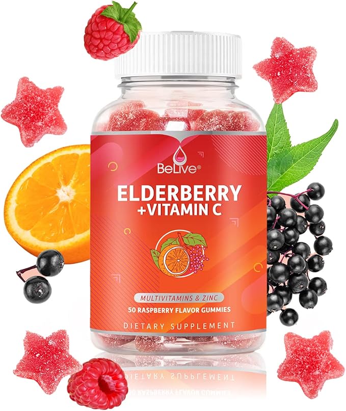 BeLive Elderberry Gummies with Zinc and Vitamin C - Immune Support Supplement with Vitamin D, A, E, B12 - Gummies for Healthy Bones & Teeth, Vegan, Keto & Non-GMO - Raspberry Flavor | 3-Pack