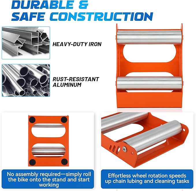 Motorcycle Wheel Cleaning Stand Universal Wheel Roller Stand for Tire Cleaning & Chain Lubrication Heavy Duty Paddock Stand for Street Bike (Motorcycle < 700 LB & Tire Width <260 mm) Orange