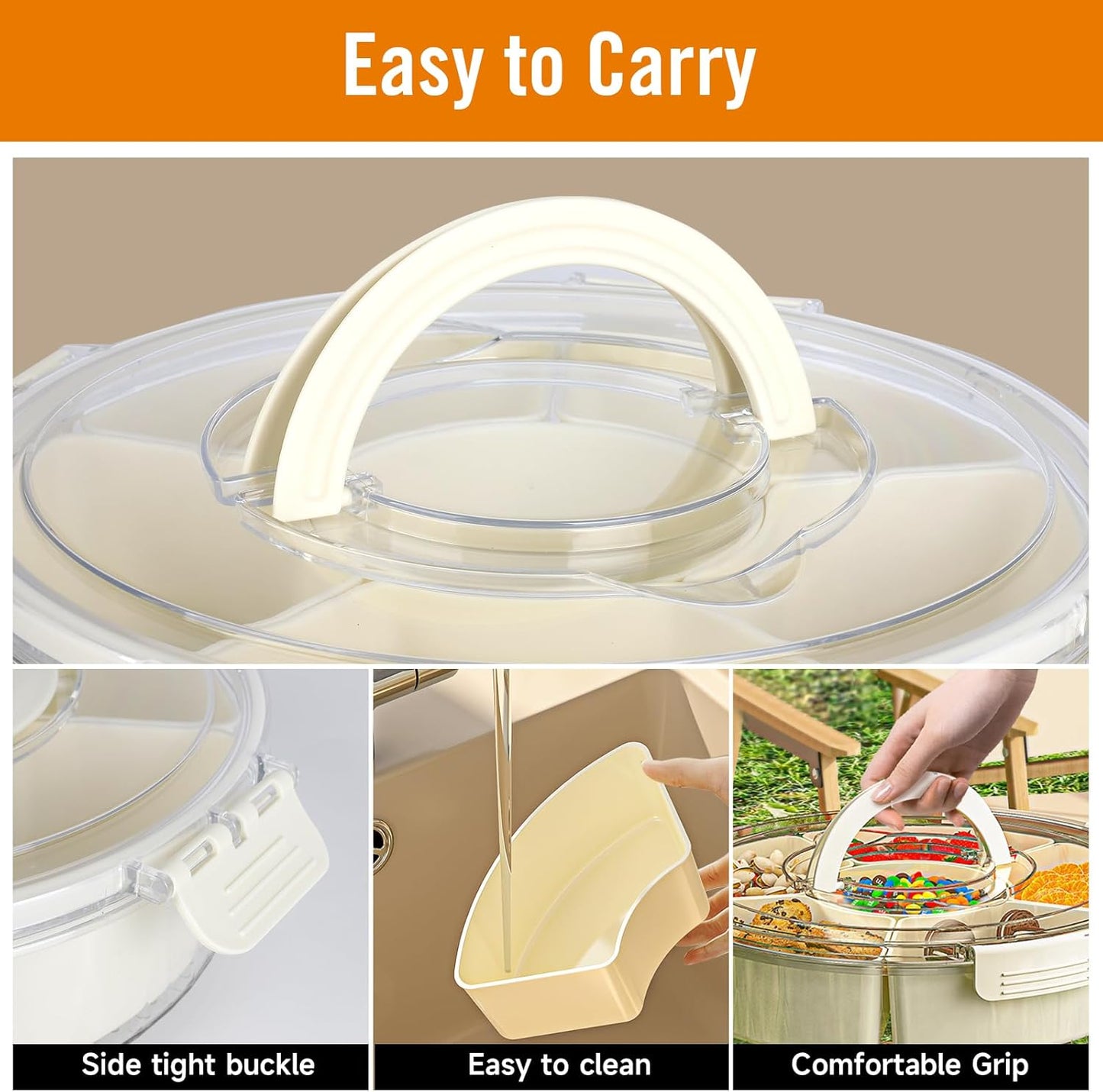 Small Divided Rotating Serving Tray with Lid and Handle,Portable Snackle Box Container,Spinner Organizer and Storage for Adults,Child,Fruits,Candy,Nuts,Veggie,Charcuterie,Snacks,Picnic,Travel, Party