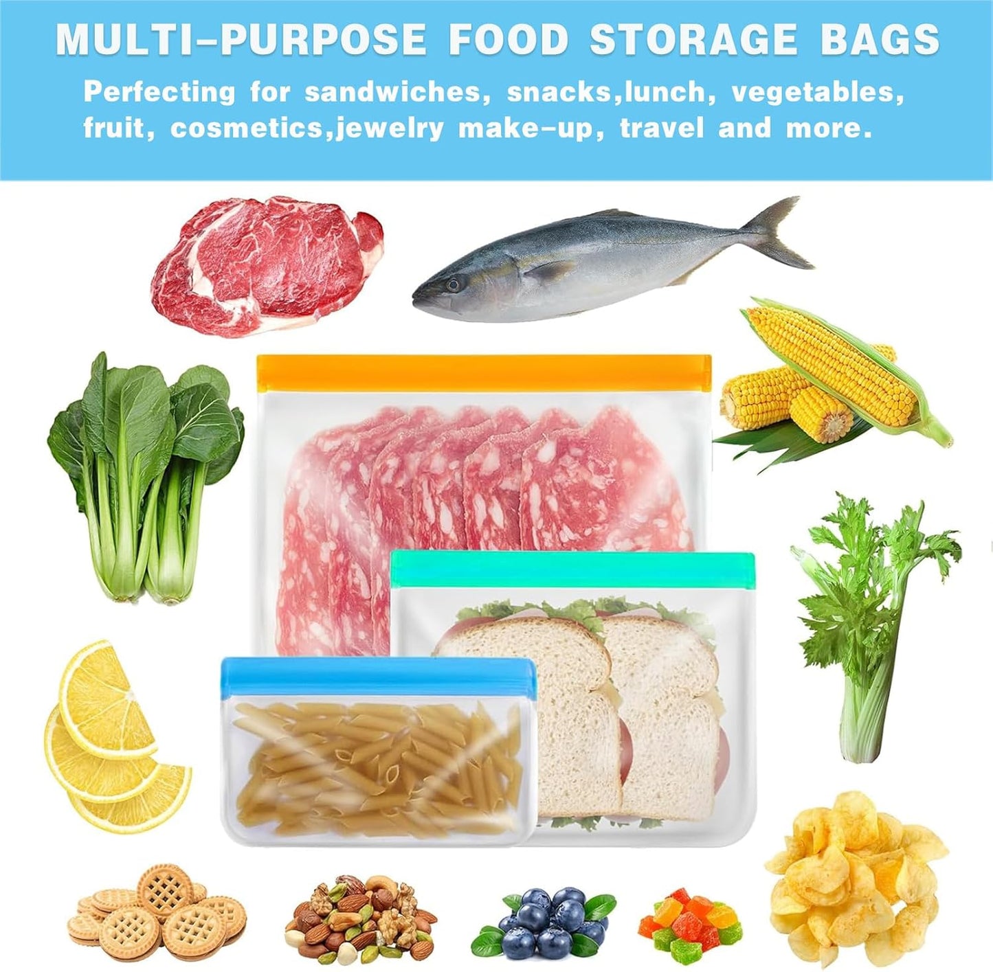 8 Pack Reusable Gallon Bags Dishwasher Safe, Silicone Leakproof Reusable Freezer Bags, BPA Free Reusable Food Storage Bags for Candy, Snack, Cereal, Travel Items, Home Organization(Blue)