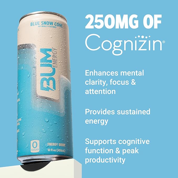 BUM Sugar-Free Energy Drink, Blue Snow Cone - Lightly Carbonated & No Artificial Colors, Natural Caffeine & Citicoline for Energy & Focus, Brain Boost & Workout Sports Beverage - 12 oz, Pack of 12