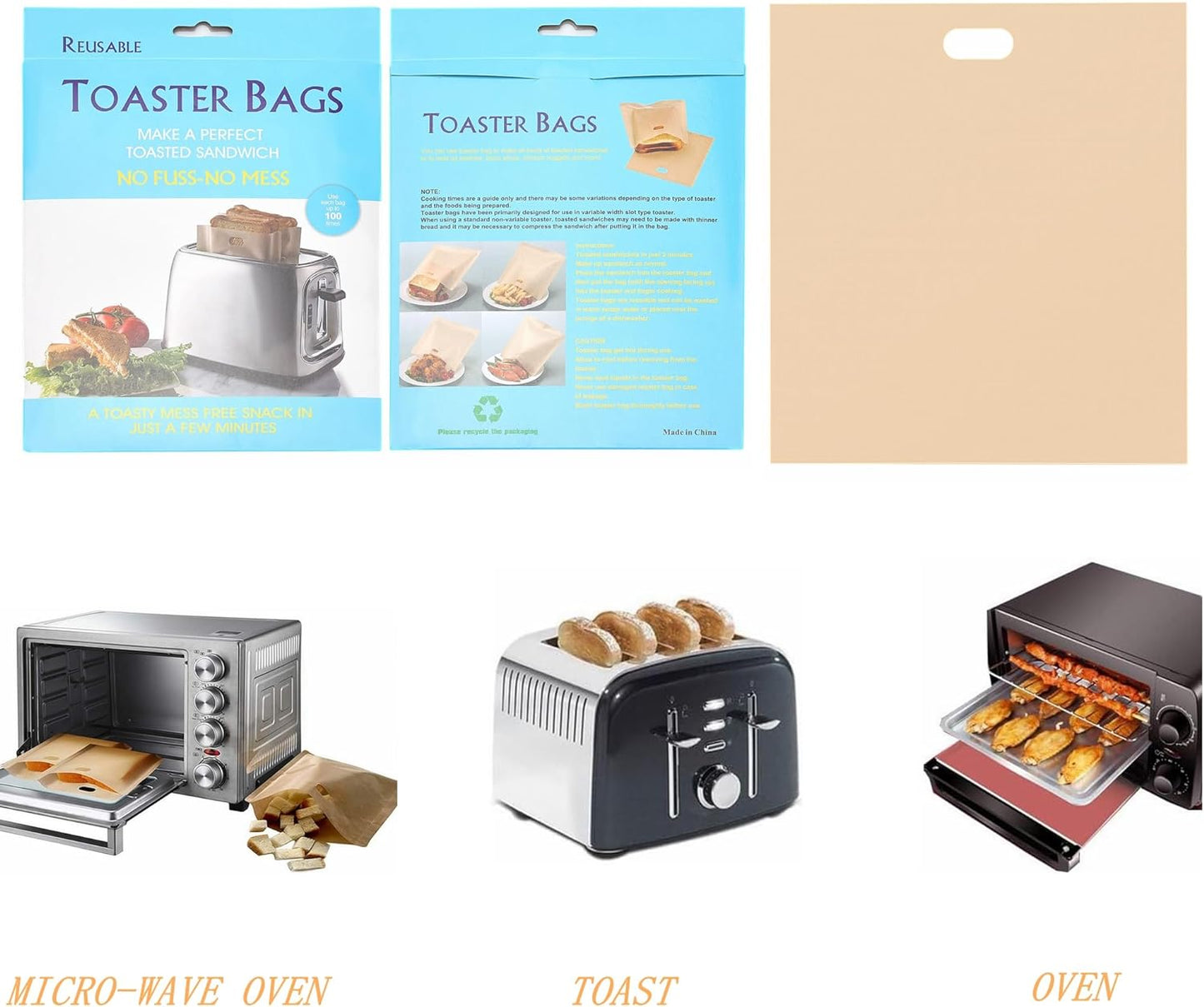 12 Pack Non Stick Toaster Sandwich Bags Reusable and Heat Resistant Easy to Clean,Washable Toaster Bags for Toaster Microwave Grill Cheese Sandwiches,Toast Bags for Toast Sandwich Panini Snacks(12)