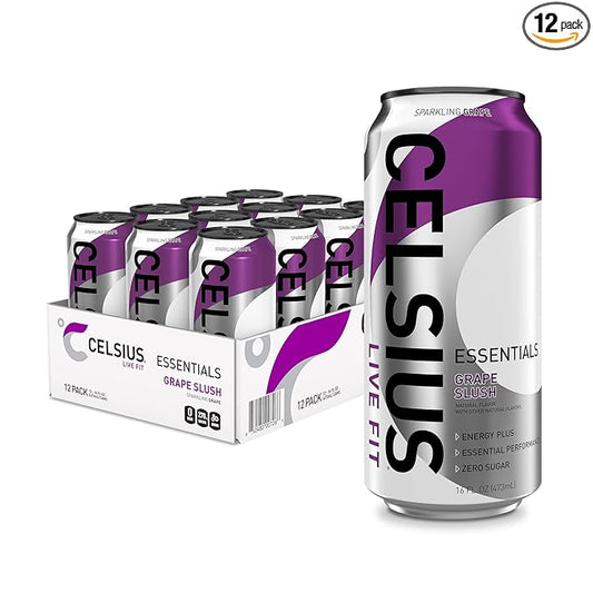 CELSIUS ESSENTIALS™ Sparkling Grape Slush, Sugar Free Performance Energy Drink, 16 Fl Oz (Pack of 12)