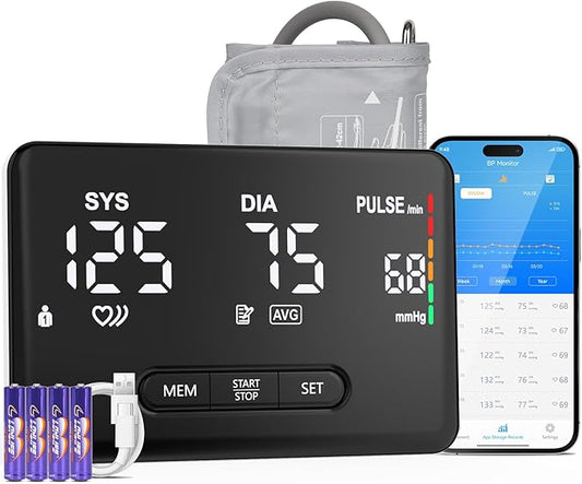Smart Blood Pressure Monitor for Home Use, Bluetooth Upper Arm BP Machine with Large Cuff 8.66-16.54”, Accurate Digital Monitors 2x199 Readout, 6.89 inch Backlit LED Screen, Work with APP