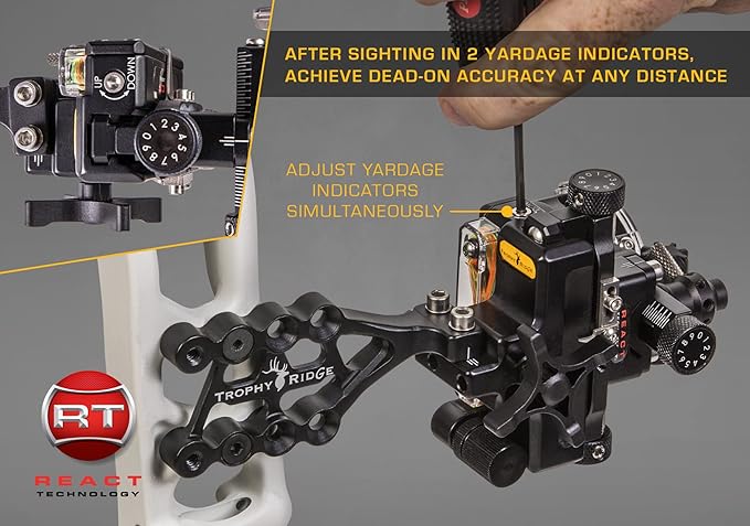 Trophy Ridge React One Pro Bow Sight - Accuracy up to 100 Yards, Tool Less Windage and Elevation Adjustability, 2nd/3rd Axis Leveling, Adjustable Click Light