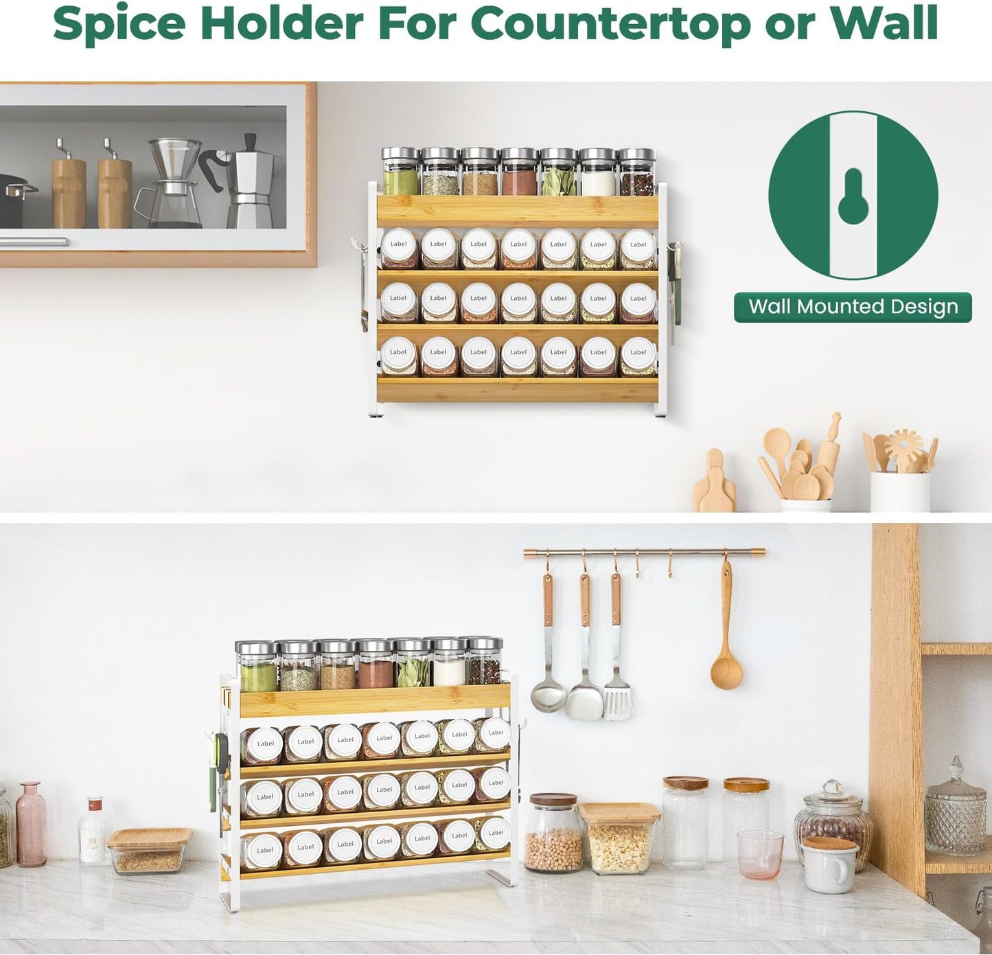 EsLuker.ly Spice Seasoning Rack Organizer Kitchen Countertop, 4 Tier Bamboo Spice Shelf Holder Storage with 4 Hooks, Wall Mounted Freestanding Stand for Pantry, Bamboo-White(Jars Not Included)
