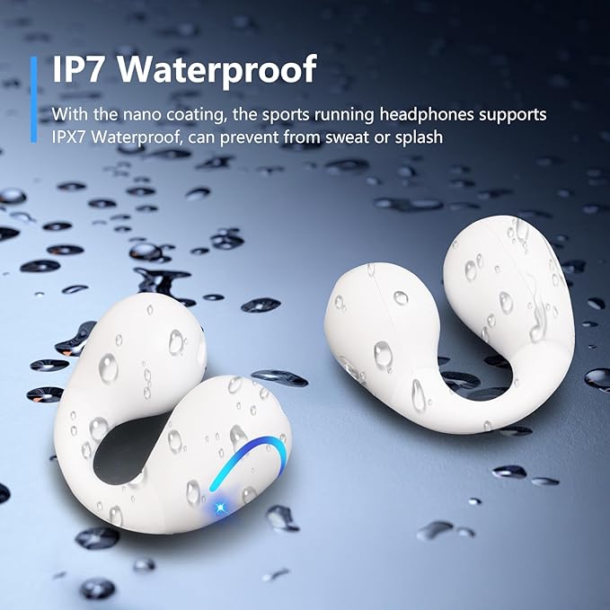 Open Ear Bone Conduction Headphones Bluetooth 5.3 Clip On Earbuds with Digital Display Charging Case 60 Hours Playtime Sport Earphones Built-in Mic IPX7 Waterproof for Running Fitness White