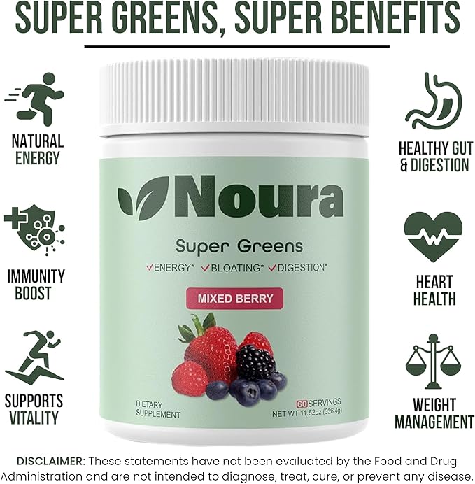 Super Greens Powder, 60 Servings - Immunity, Digestive Enzymes & Probiotics for Energy, Gut Health, Bloating Relief for Women - Greens Superfood Powder - Mixed Berry