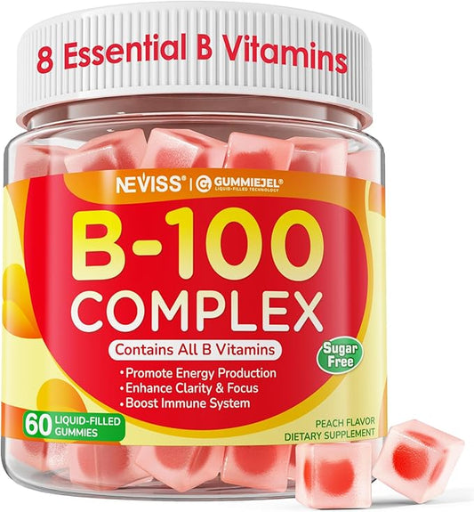 Super Vitamin B Complex Gummies - All B Vitamins Including Methyl B12, B1, B2, B3, B5, B6, Biotin, Methylfolate with Vitamin C, Choline, Inositol, PABA for Energy, Brain & Immune Support, Sugar Free