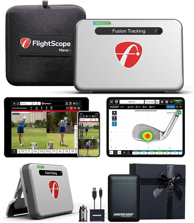 FlightScope Mevo+ Portable Golf Launch Monitor, Rangefinder and Simulator with Signature Power Bundle | 20+ Full Swing & Short Game Data Stats, 12 Courses, 17 Practice Ranges Included