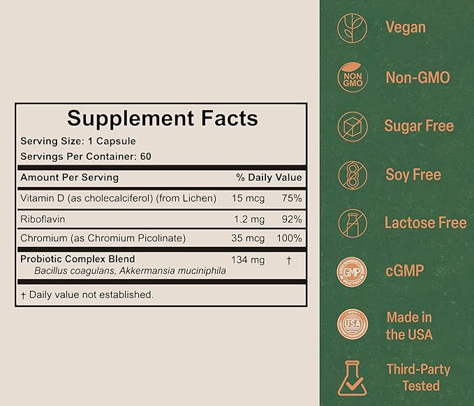 Akkermansia Probiotic for Appetite & Craving Control | Increases GLP-1 & Boosts Healthy Weight | 180 Day Supply | Made in USA | Bacillus Coagulans, B2, D3 & Chromium |SIBO Friendly, Vegan, Gluten Free