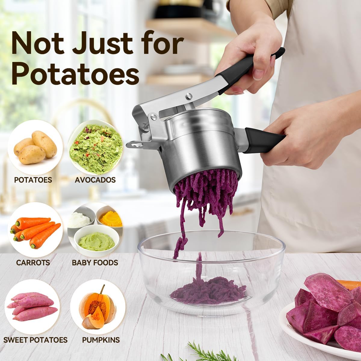 Potato Ricer, AMOHEE 15oz Stainless Steel Potato Masher Upgrade Heavy Duty Design with Anti-Slip Handle Ricer for Mashed Potatoes, Carrots, Yams, Black