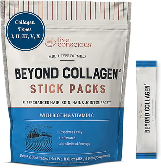 Live Conscious Beyond Collagen Peptides Powder Unflavored Packets - Hydrolyzed Collagen Powder - Hair Skin Nail & Joint Support - Multi Type Collagen Supplements for Women & Men
