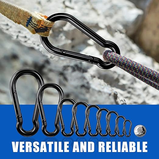 KINLINK 4 Pack Black Carabiner Clip, 5.5 inch Heavy Duty Spring Snap Hook, Large Caribeener Clips for Camping, Swing Set, Hammock, Hiking, Travel, Weight Lifting Machine, Home Gym Equipment