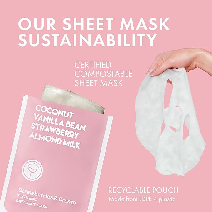 ESW Beauty Strawberries & Cream - Soothing Raw Juice Face Mask - Calming with Coconut, Vanilla Bean, Almond Milk & Strawberry for Sensitive Skin - Reduces Redness & Nourishes