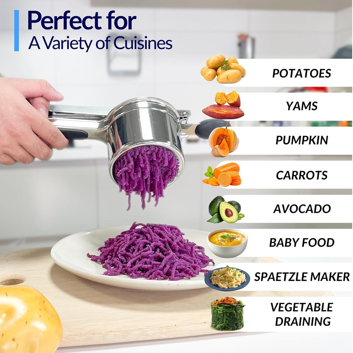 SPEENSUN Potato Ricer, Ricer For Mashed Potatoes, 15 OZ Heavy Duty Stainless Steel Potato Masher Make Fluffy Mashed Potatoes, Fixed Disc Spaetzle Maker Without Messy, With Silicone Handle