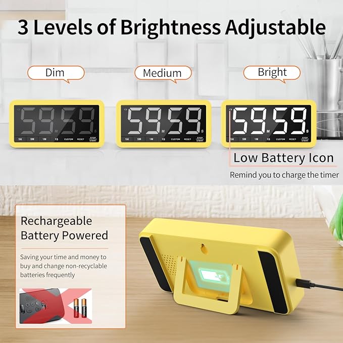 VOCOO Digital Kitchen Timer with 7.8” Extra Large Display, Magnetic, 3 Brightness, 4 Alarms and 3 Volume Levels, Battery Countdown Count Up Timer for Cooking, Classroom, Home Gym (Yellow)
