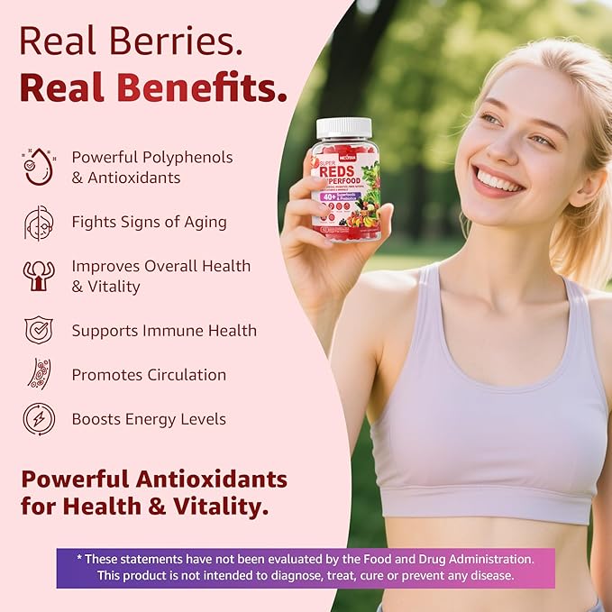 Super Reds Gummies, Fruit and Veggie Supplement w/40+ Superfoods, Polyphenol, Fruits Berries, Super Greens, Beet Root Powder Alternative, Support Energy, Antioxidants, Gut Health, Immunity, 60Cts