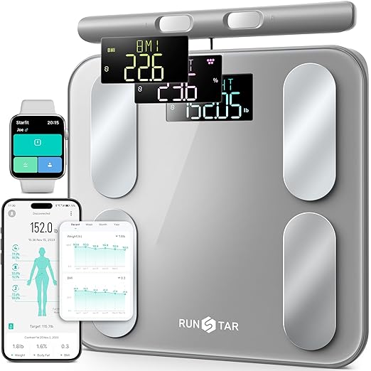 RunStar Digital Bathroom Scale for Body Weight, Body Fat, BMI 28 Measurements, Innovative 8-Electrode Smart Scales FSA&HSA Eligible with Voice Prompt Function High Accurate Bluetooth Weight Machine