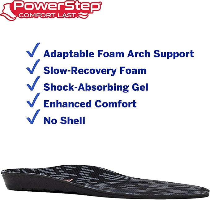PowerStep Comfort Last Insoles, Cushioning Gel Insoles for Standing All Day, Supports Metatarsal Pain, Foot Arch, Heel Pain, All Day Comfort, Made in The USA (Men's 13-14.5)