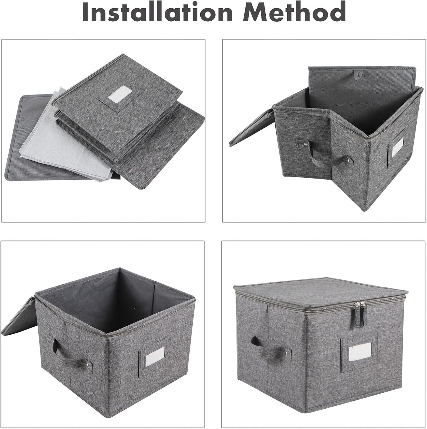 popoly China Storage Containers Hard Shell Inside 10" W x 8" H, Salad Plate Storage Containers for Dishes, Dinnerware with 24 Felt Dividers, Hold 24 Plates, Foldable and Stackable (2 Pack Grey)