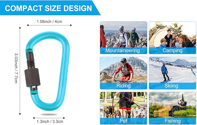 10 Pack Aluminum D Ring Key Rings Hiking Clips Locking Carabiner for Hiking Camping Fishing and Outdoor Use,Clips with Screw Gate Multicolored