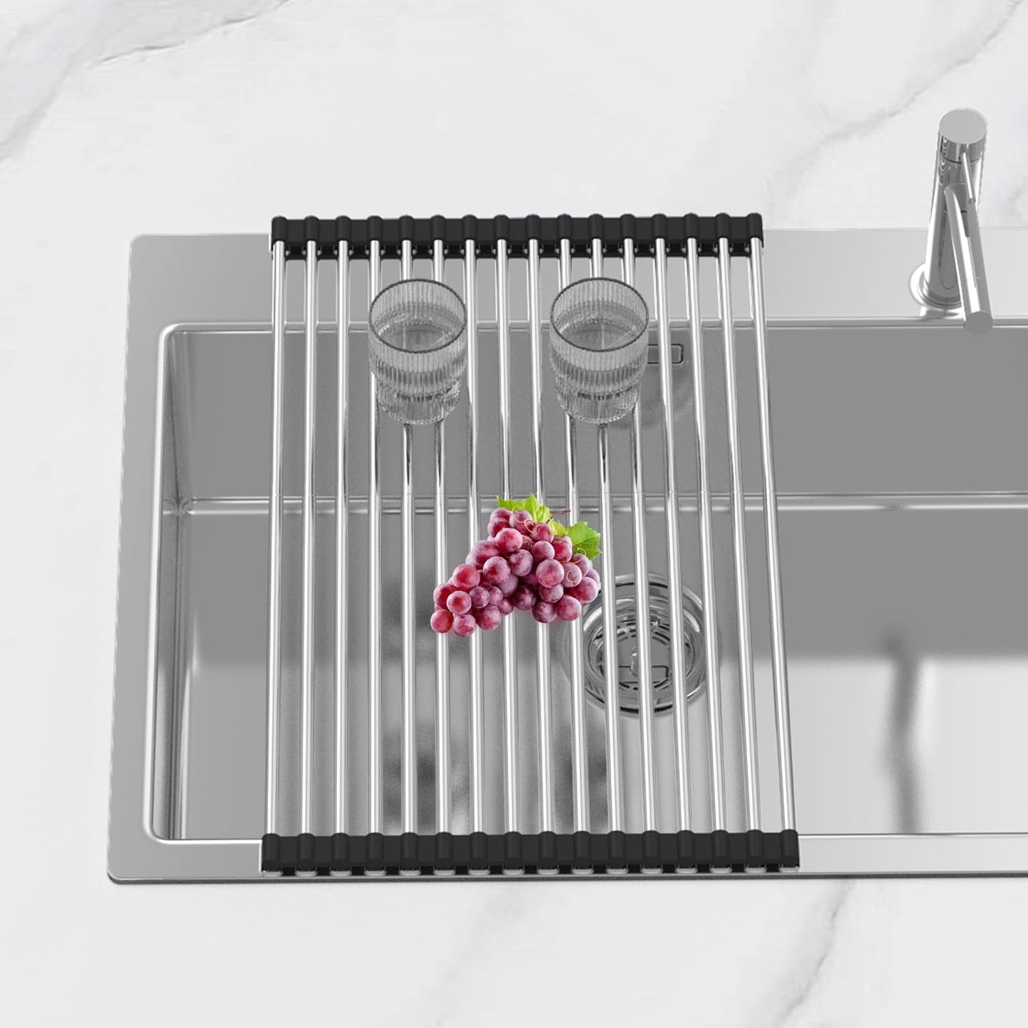 BBXTYLY Extra Expandable Roll Up Dish Drying Rack,Over The Sink Drying Rack Sink Cover Kitchen Sink Accessories Kitchen Rolling up Stainless Steel Drainer, Foldable,Rollable(Black,22.8''-12.4'')