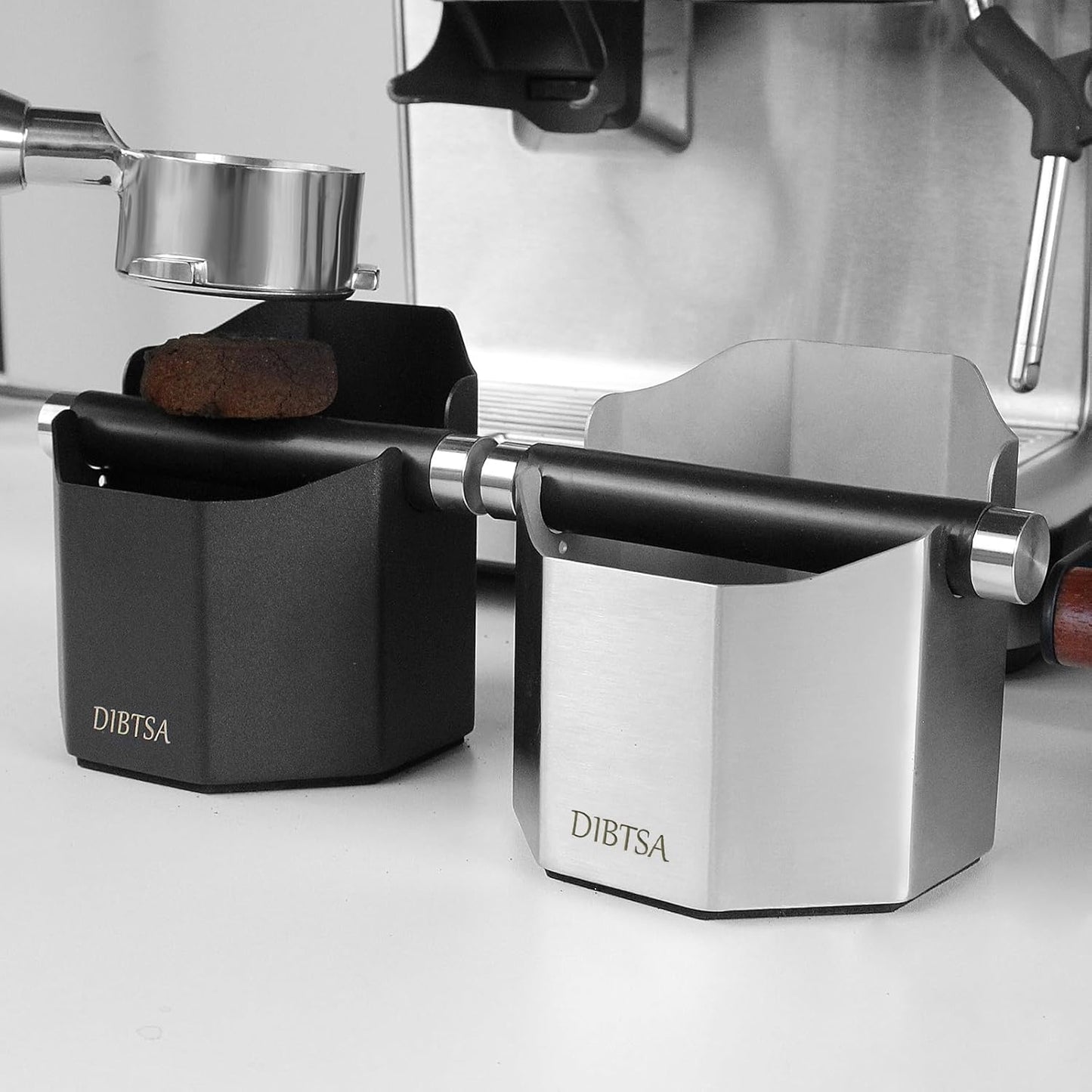 DIBTSA Espresso Knock Box, with Removable Knock Bar and Non-Slip Rubber Base, Espresso Accessory, Stainless Steel, Black, Small