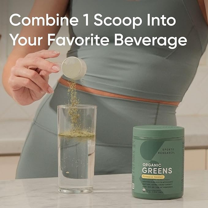 Sports Research® Organic Pineapple Coconut Greens - Digestive Health, Natural Energy & Mood Support* - Certified Organic Powder - 20 Servings