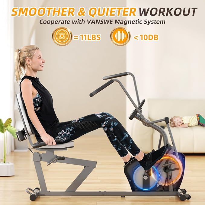 VANSWE Recumbent Exercise Bike with Arm Exerciser for Seniors Adults Home Training - Elliptical Recumbent Cross Trainer with Magnetic Resistance, Free App, Bluetooth Connectivity and Pulse Sensor