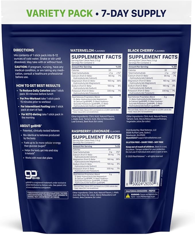 Real Ketones BHB Exogenous Ketones Drink Mix Packets Keto Electrolytes Powder Packets No Sugar with 4 Main Fasting Electrolytes Plus Hydrating Patented Keto BHB - 7 Count Variety Pack