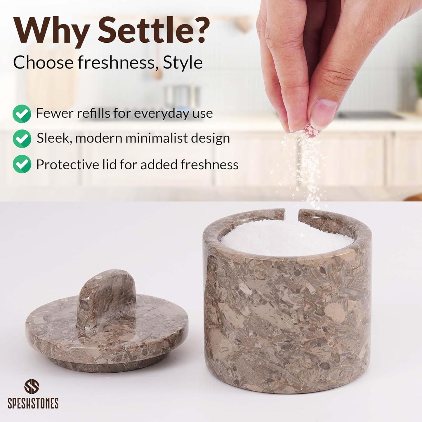 Marble Salt Cellar with Lid and Spoon 4 Inch Oceanic Handmade Spice Jars for Kitchen Storage - Flaky Salt Holder, Decorative Sugar Bowl & Small Seasoning Containers for Countertop Decor