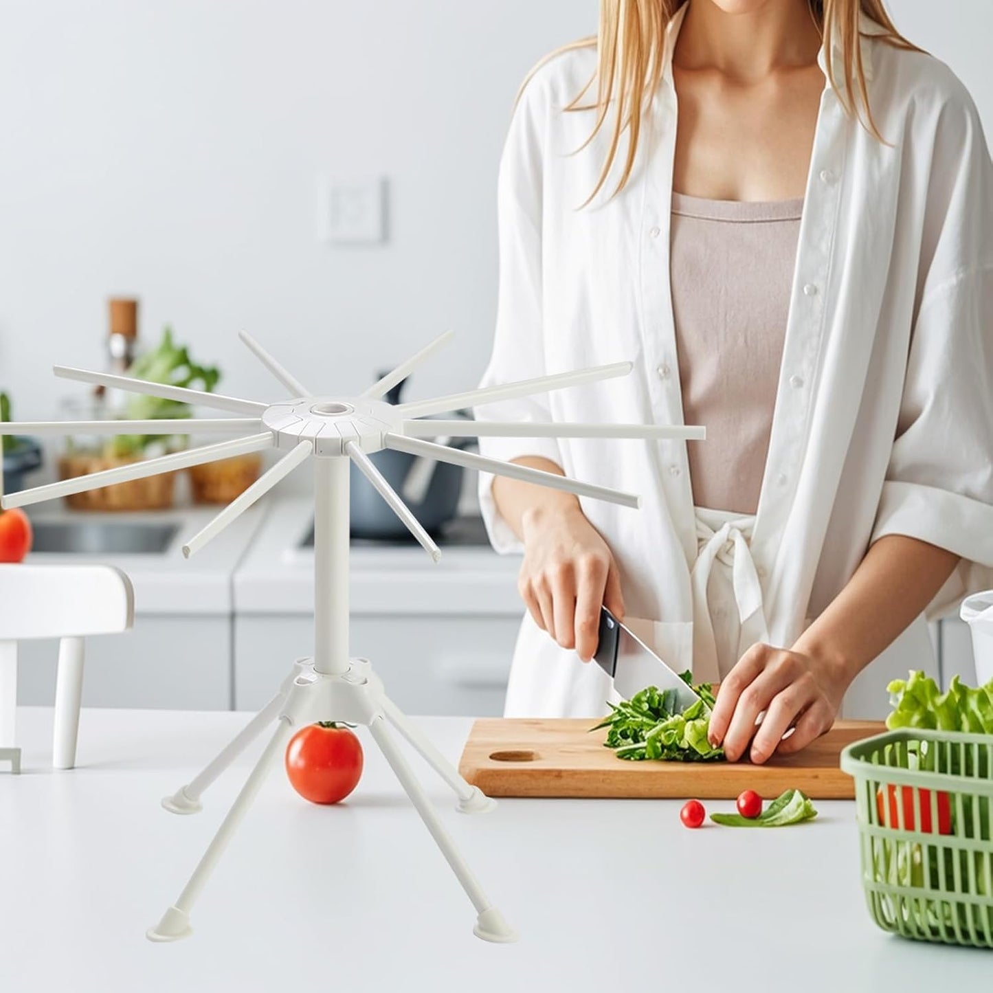 2 Pack Foldable Pasta Drying Rack, Homemade Fresh Spaghetti Stand Collapsible Dryer Noodle Hanger for Kitchen with 10 Arms, White