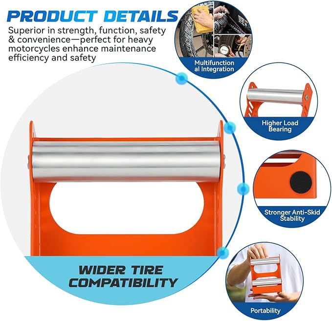 Motorcycle Wheel Cleaning Stand Universal Wheel Roller Stand for Tire Cleaning & Chain Lubrication Heavy Duty Paddock Stand for Street Bike (Motorcycle < 700 LB & Tire Width <260 mm) Orange