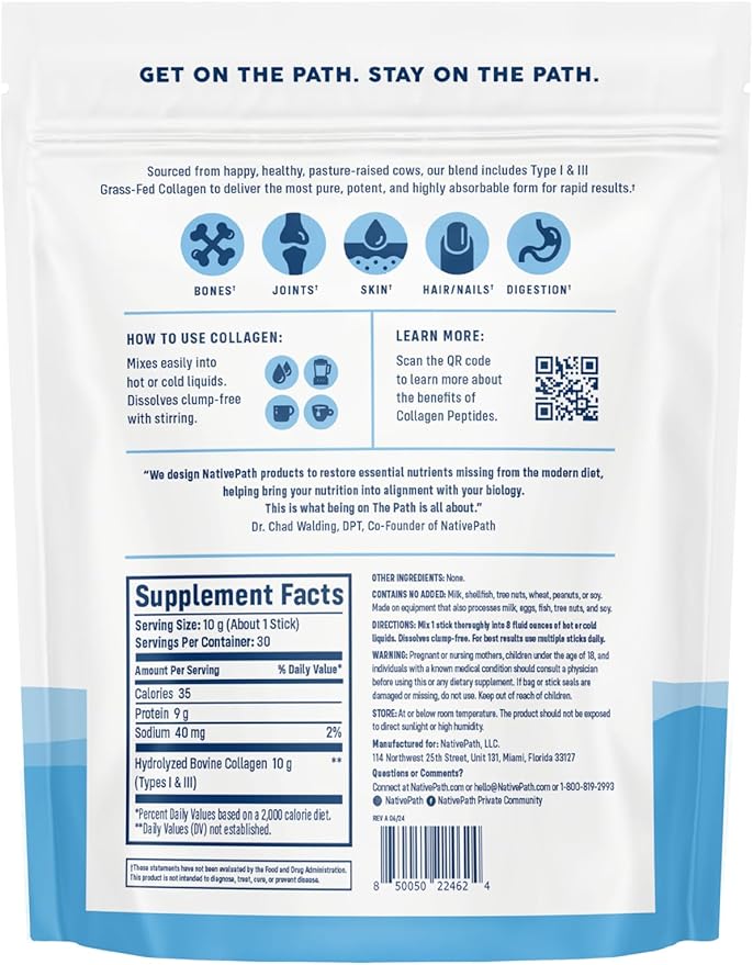 NativePath Collagen Peptides Protein Stick Packs - Hydrolyzed Type 1 & 3 Collagen Powder for Skin, Hair, Nails - 30 Servings