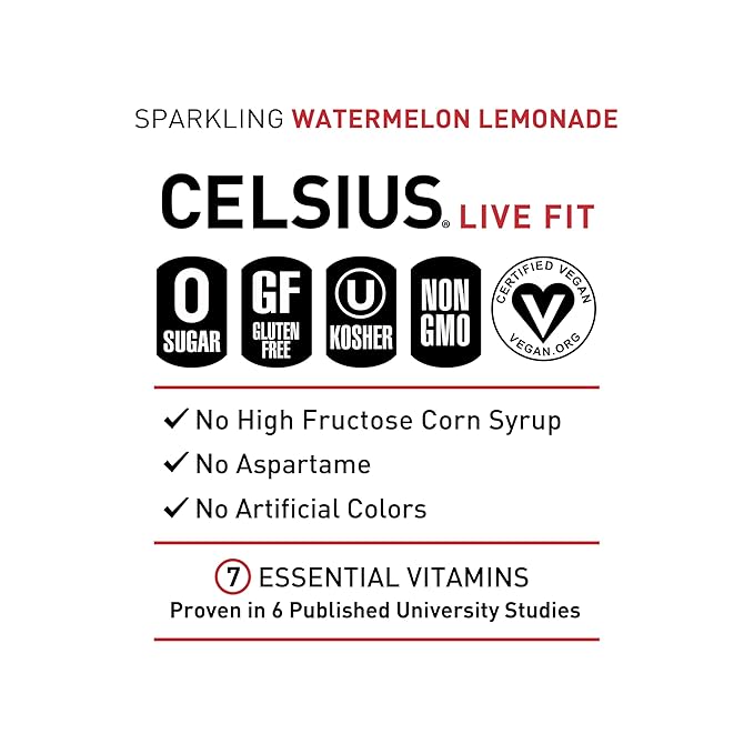CELSIUS Sparkling Watermelon Lemonade, Sugar Free Energy Drink, 12 Fl Oz (Pack of 12)