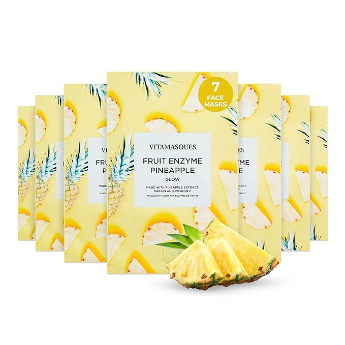 Vitamasques Pineapple Face Sheet Mask 7 Pack - Korean Skin Care Facial Mask Boost Skins Natural & Dewy Glow with Vitamin C, Hyaluronic Acid, and Pineapple Extracts
