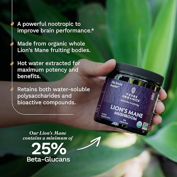 TRIBE ORGANICS Lion’s Mane Supplement 1000mg Mushroom Extract Powder - Immune System Booster & Brain Nootropic for Focus and Memory | Mental Clarity | Natural Energy and Immunity - 120 Vegan Capsules