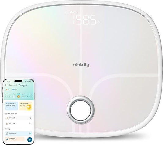 Etekcity Smart Rechargeable Scale for Body Weight, BMI, Fat, Muscle Mass, Digital Bathroom Scale with 13 Metrics, Secret Mode, Bluetooth Connect to Free Apps, Rainbow White