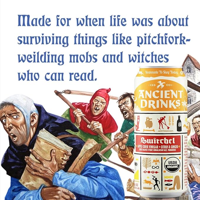 ANCIENT DRINKS Apple Cider Vinegar Beverage with Electrolytes, Vitamins, & Probiotics, Organic, Super-Hydrating Sports Drink - Switchel (Citrus & Ginger) - 16 fl oz (12 cans)