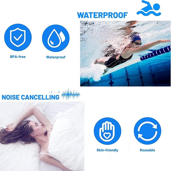 Ear Plugs for Swimming,Sleeping Noise Cancelling,Snoring,Shoting,Working, Reusable Silicone Earplugs, Super Soft Ear Plug for Noise Reduction, Ears Protection (6 Colors)