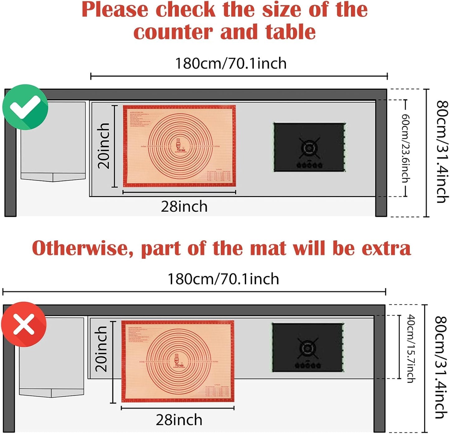 Non-slip Silicone Pastry Mat Extra Large with Measurements 28''By 20'' for Silicone Baking Mat, Counter, Dough Rolling, Oven Liner,Fondant/Pie Crust By Folksy Super Kitchen Red