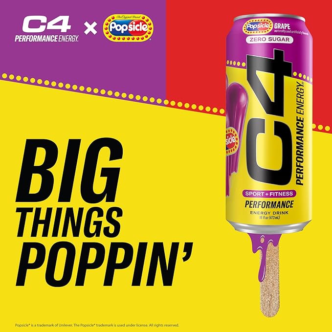 Cellucor C4 Energy Drink x Grape Popsicle, Carbonated Sugar Free Pre Workout Performance Drink with no Artificial Colors or Dyes, 16 Oz, Pack of 12