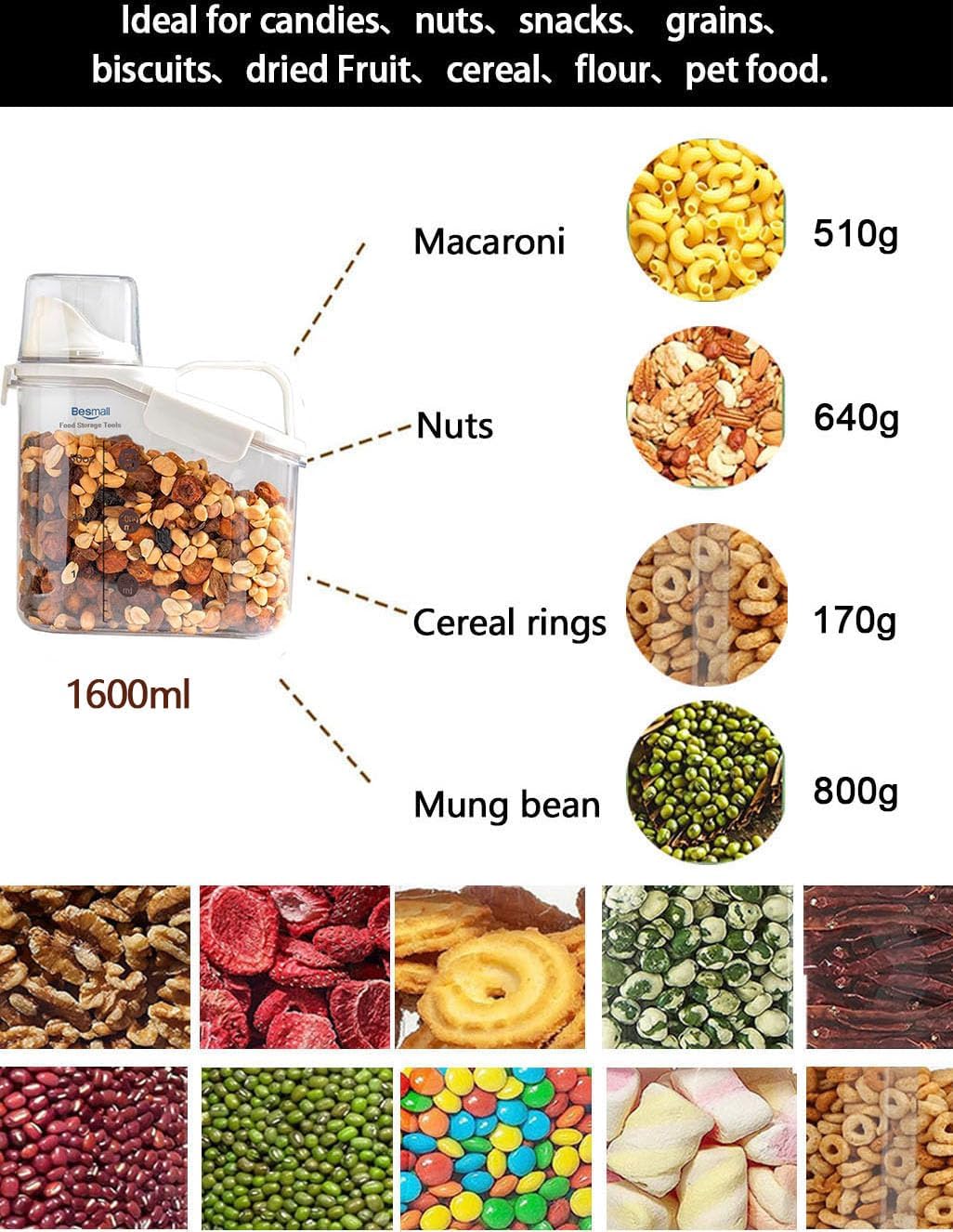 Small Cereal Containers Storage with Pour Spout and Measuring Cup Food Storage Containers Airtight Plastic Dry Food Dispenser for Flour, Grain, Rice, White, 1.6L / 54oz (4pcs)