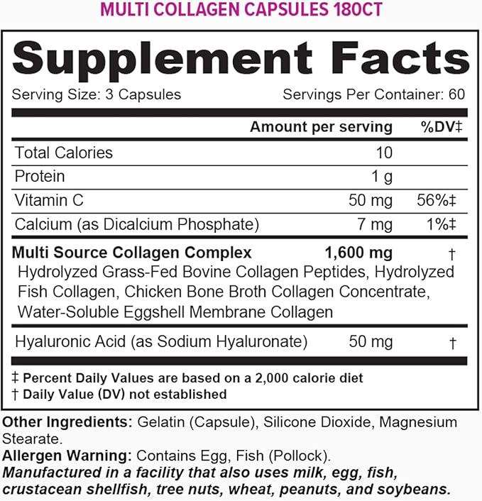 Multi Collagen Peptides Capsules for Women - Hydrolyzed Collagen for Women Pills with Types I II III V & X Plus Vitamin C & Hyaluronic Acid for Beautiful Hair Skin and Nails - 60 Servings