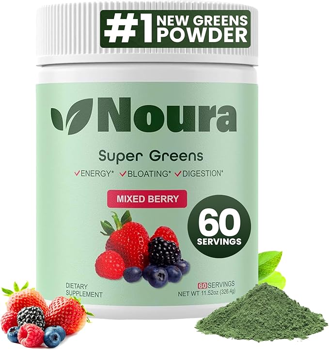 Super Greens Powder, 60 Servings - Immunity, Digestive Enzymes & Probiotics for Energy, Gut Health, Bloating Relief for Women - Greens Superfood Powder - Mixed Berry